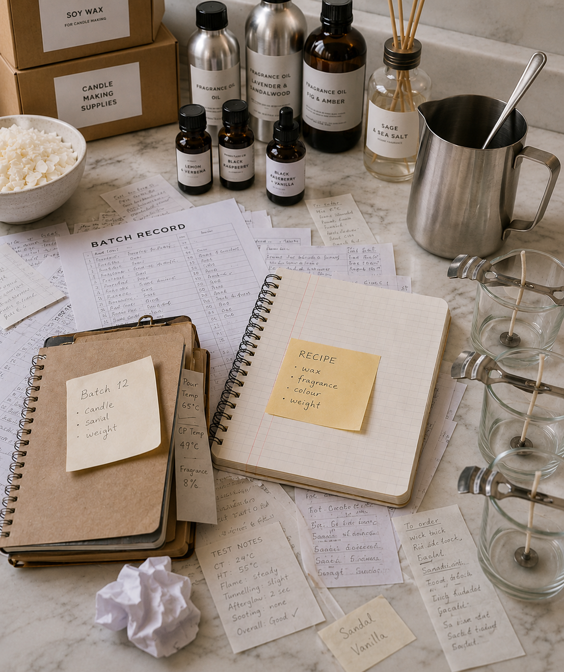 A candle maker's workspace covered in handwritten batch records, recipe notes and test sheets
